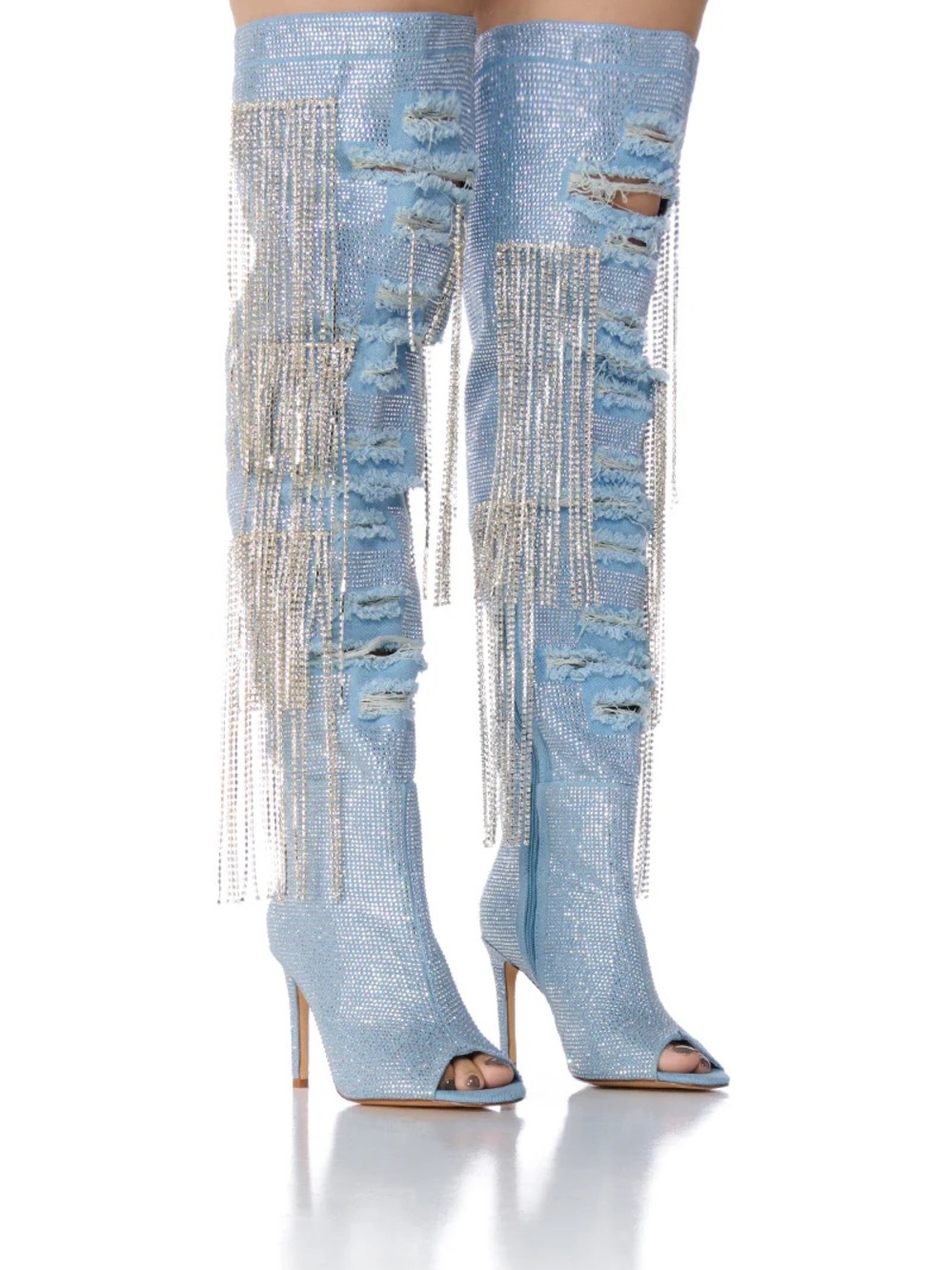AZALEA WANG MADILYN RHINESTONE DENIM PEEP TOE BOOT